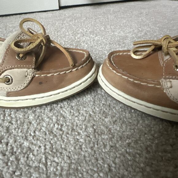 Sperry Angelfish Top Sider Metallic Leather & Linen Tan Boat Shoes Womens 6 - Picture 9 of 13